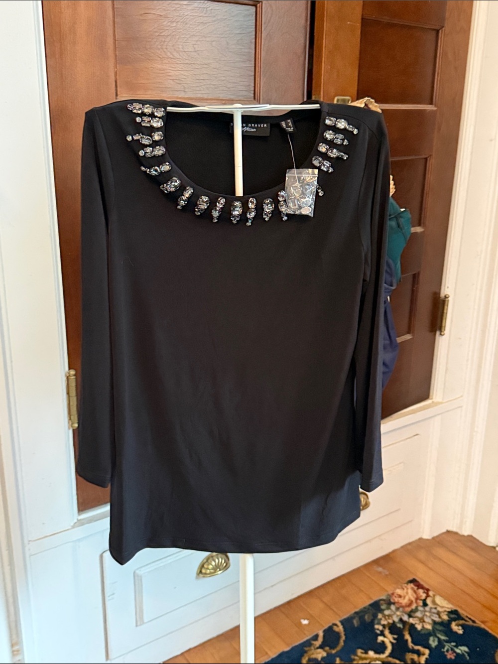 Susan GraverArtisan  Black Long-Sleeve Top with Jeweled Scoop Neck-‎ NWT.